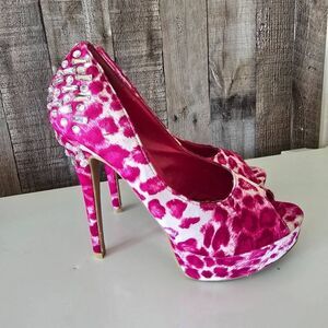 Deb Vintage Y2K Pink Cheetah Print Embellished High Heel Shoes Sz 7
